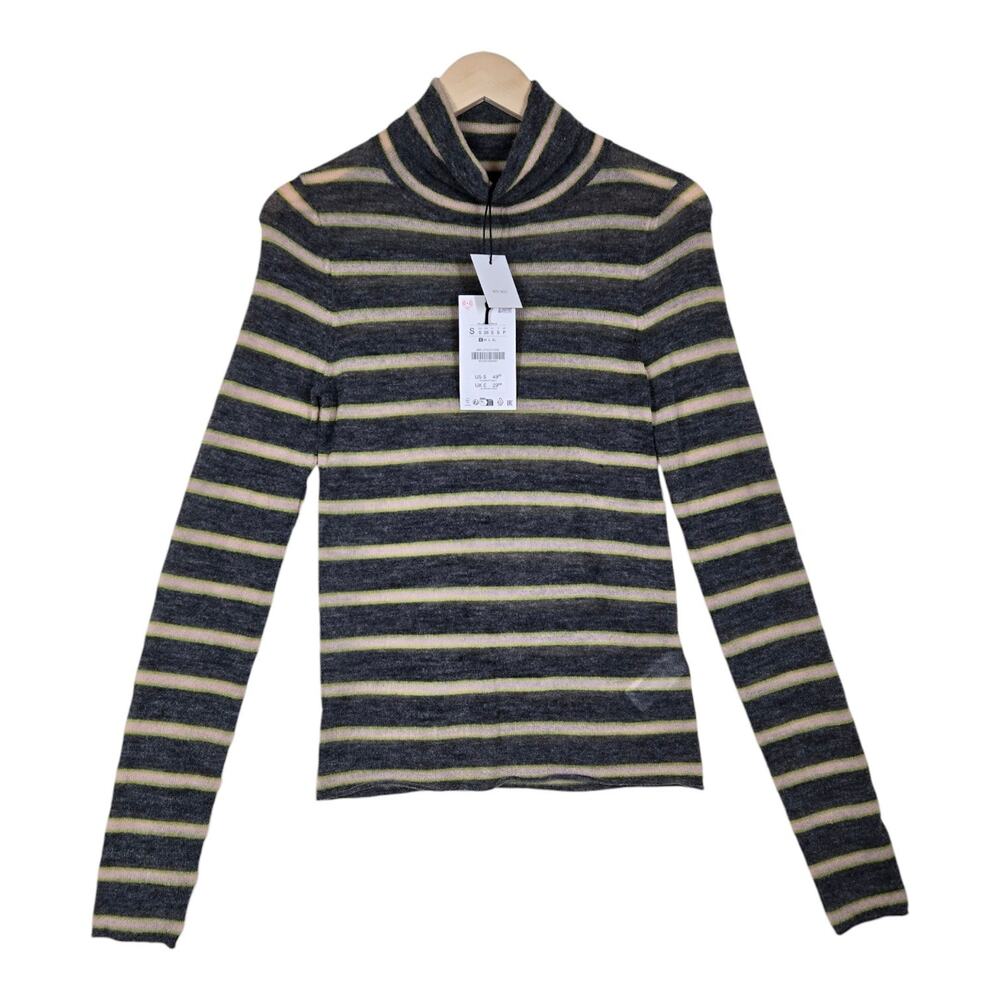 Zara Extra Fine Knit Stripe Turtleneck Sweater S Gray Green Wool Alpaca Preppy